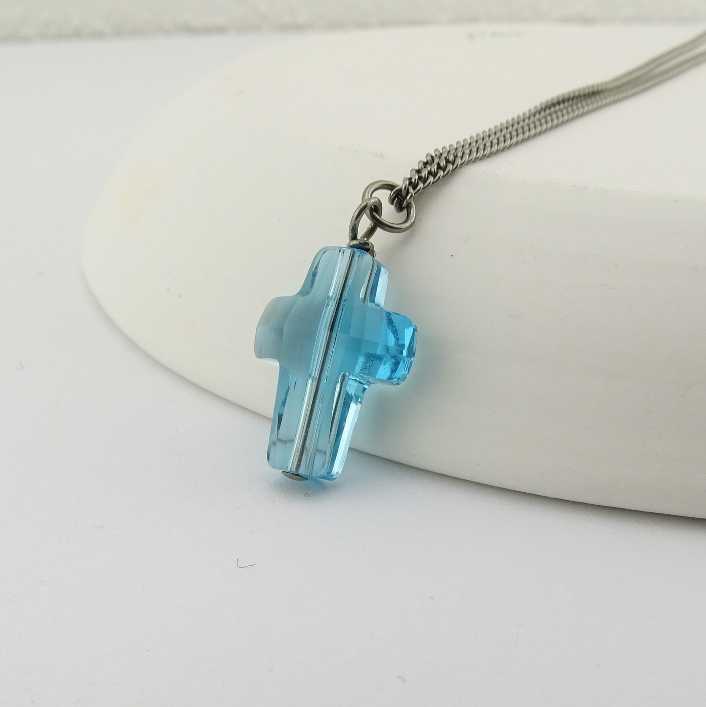 Aqua Blue Cross Titanium Necklace, Light Turquoise Swarovski Crystal Nickel Free Sensitive Skin Necklace, Hypoallergenic Titanium Jewelry