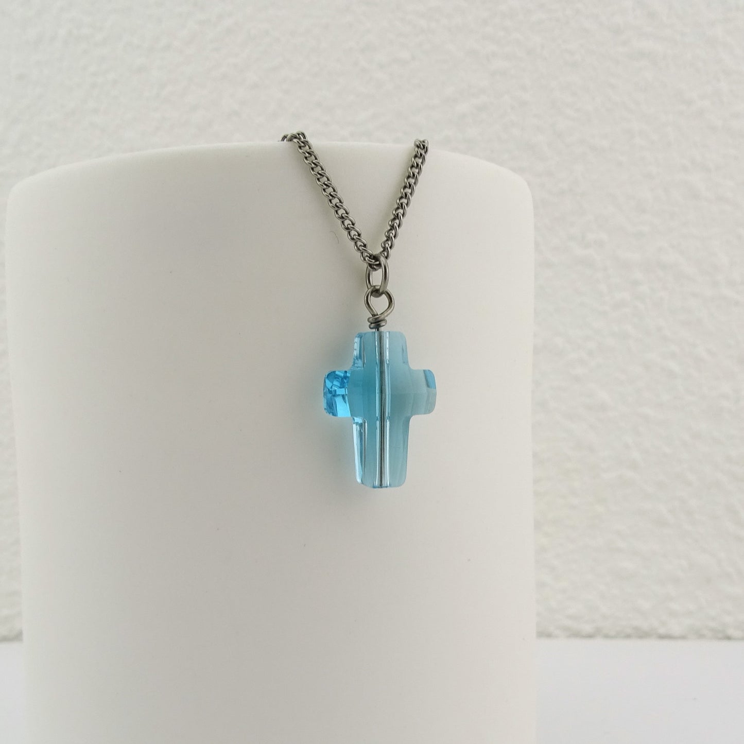 Aqua Blue Cross Titanium Necklace, Light Turquoise Swarovski Crystal Nickel Free Sensitive Skin Necklace, Hypoallergenic Titanium Jewelry