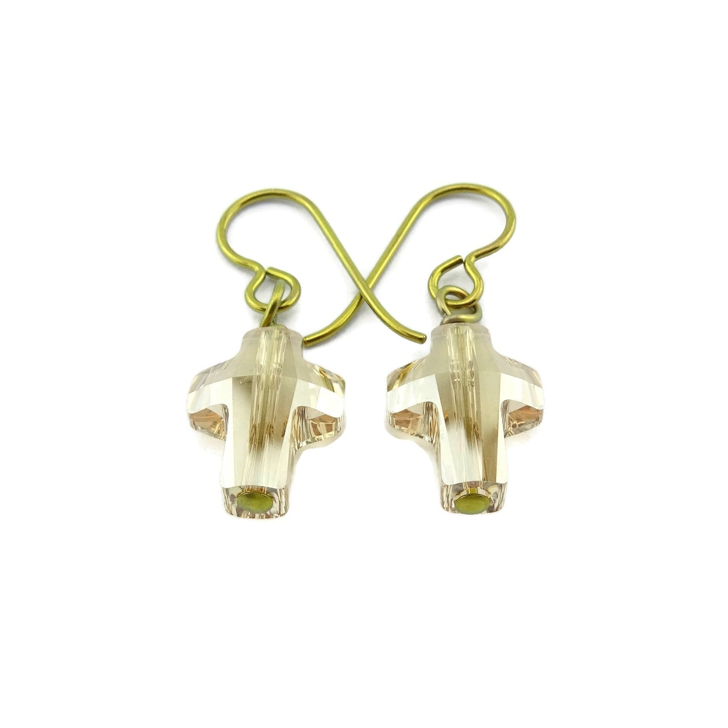Golden Shadow Cross Nickel Free Earrings, Yellow Gold Niobium Earrings, Hypoallergenic Earrings for Sensitive Ears, Swarovski Crystal Cross