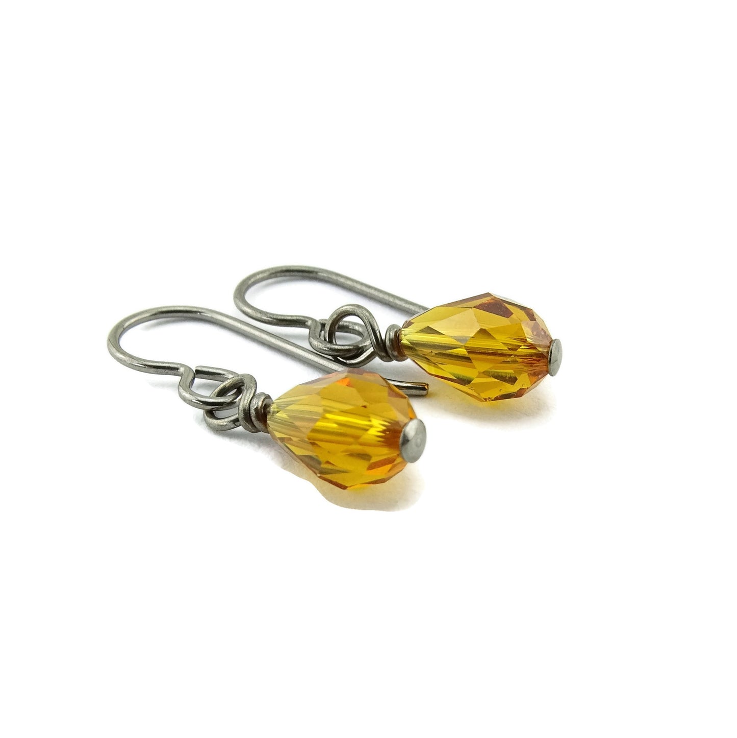 Topaz Teardrop Titanium Earrings, Honey Amber Swarovski Crystal Drops, Nickel Free Niobium Earrings, Hypo-allergenic Sensitive Ear Earrings