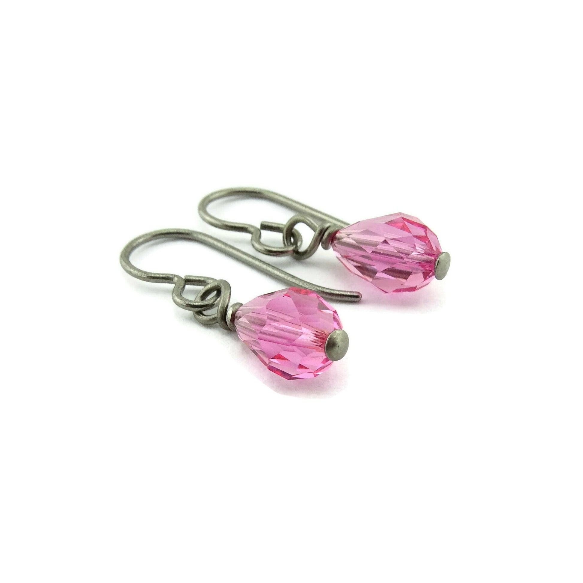 Rose Pink Teardrop Titanium Earrings, Swarovski Crystal Drop Earrings, Nickel Free Hypoallergenic Niobium Earrings for Sensitive Ears