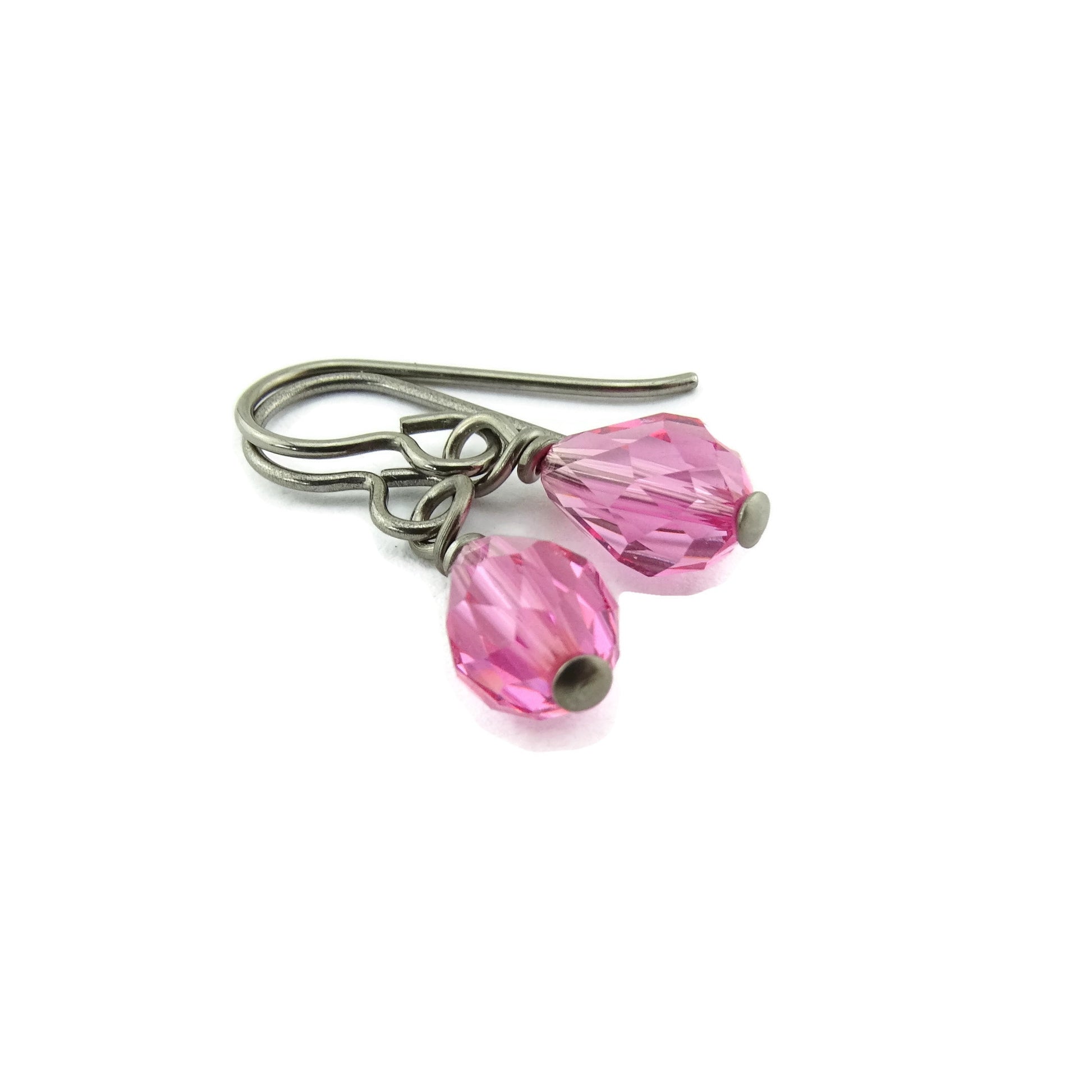 Rose Pink Teardrop Titanium Earrings, Swarovski Crystal Drop Earrings, Nickel Free Hypoallergenic Niobium Earrings for Sensitive Ears
