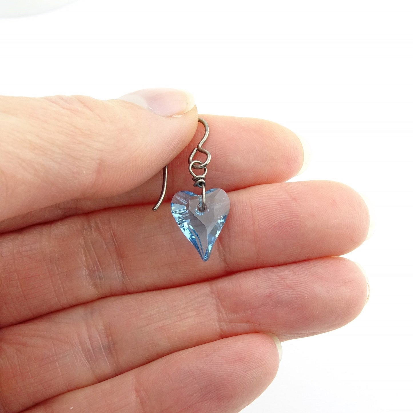 Aqua Blue Love Heart Niobium Earrings, Swarovski Crystal Titanium Earrings for Sensitive Ears Aquamarine Hypoallergenic Nickel Free Earrings