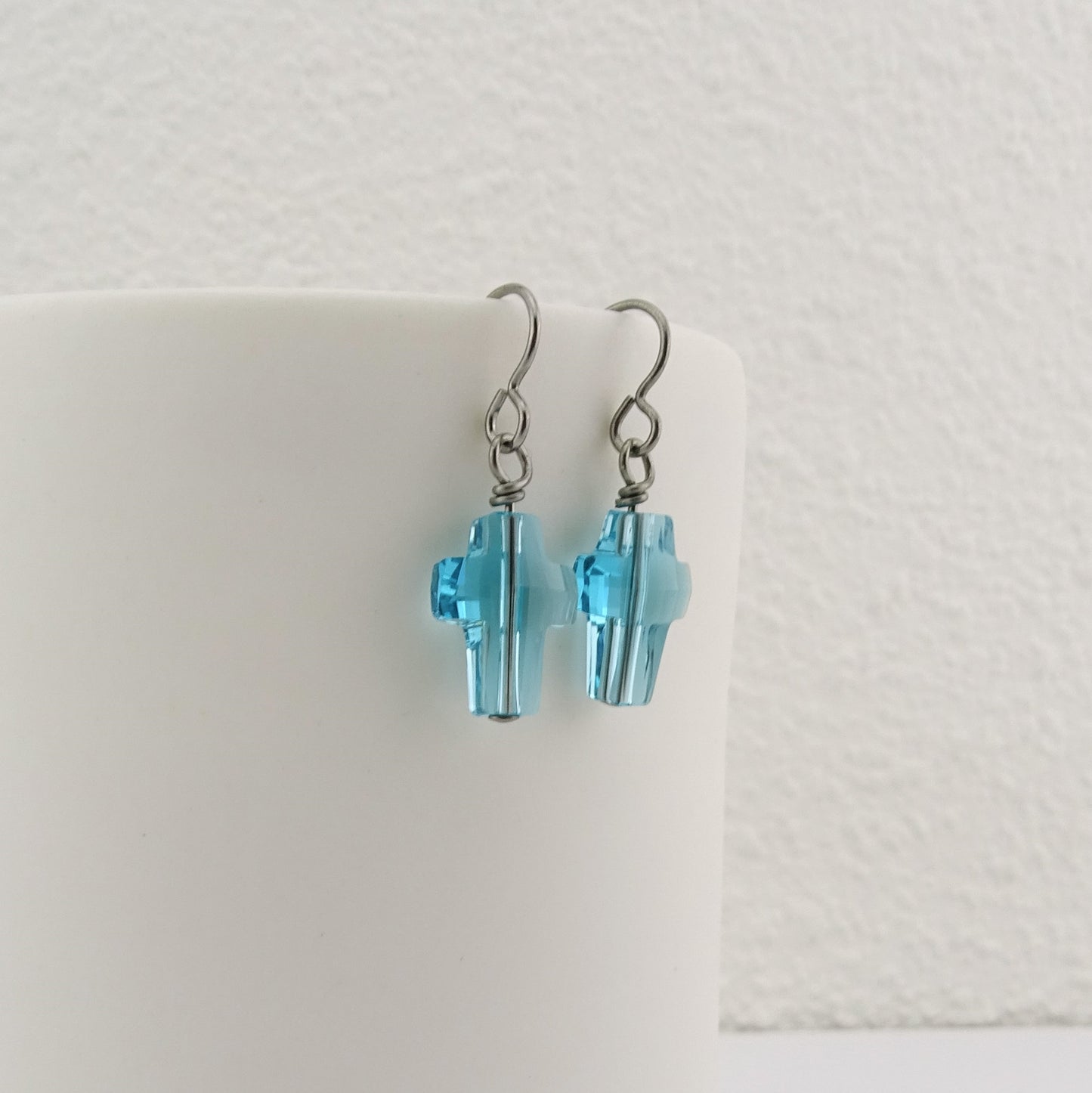 Aqua Blue Cross Titanium Earrings, Light Turquoise Swarovski Crystal Niobium Earrings Nickel Free Hypoallergenic Earrings for Sensitive Ears