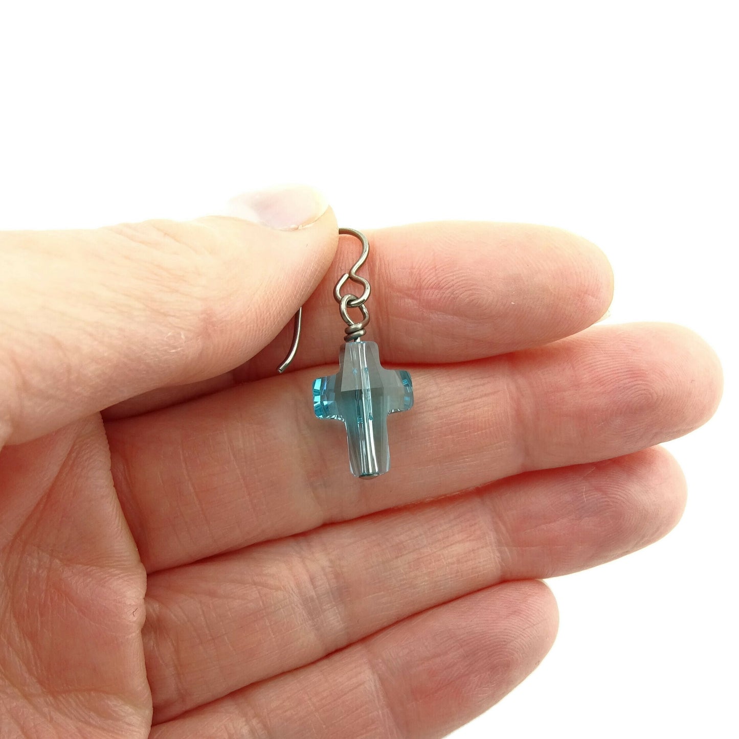 Aqua Blue Cross Titanium Earrings, Light Turquoise Swarovski Crystal Niobium Earrings Nickel Free Hypoallergenic Earrings for Sensitive Ears