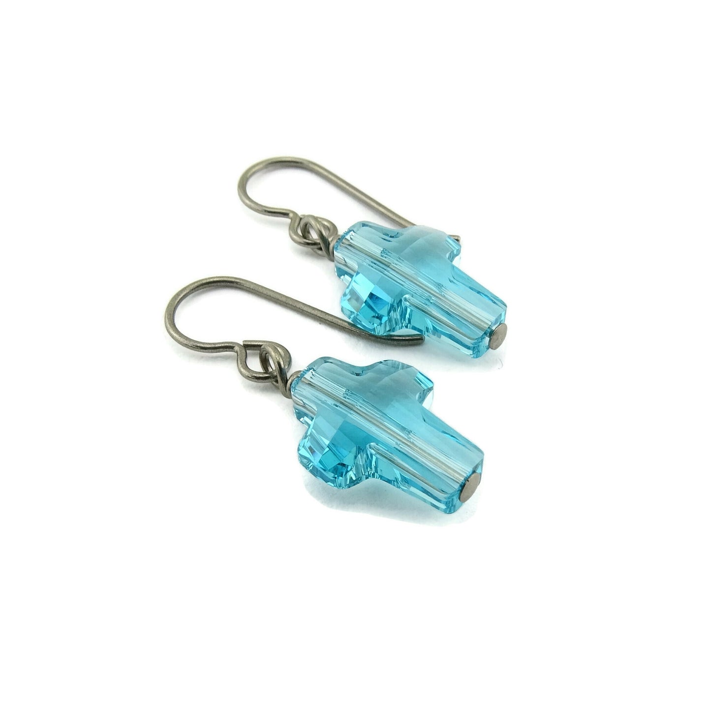 Aqua Blue Cross Titanium Earrings, Light Turquoise Swarovski Crystal Niobium Earrings Nickel Free Hypoallergenic Earrings for Sensitive Ears