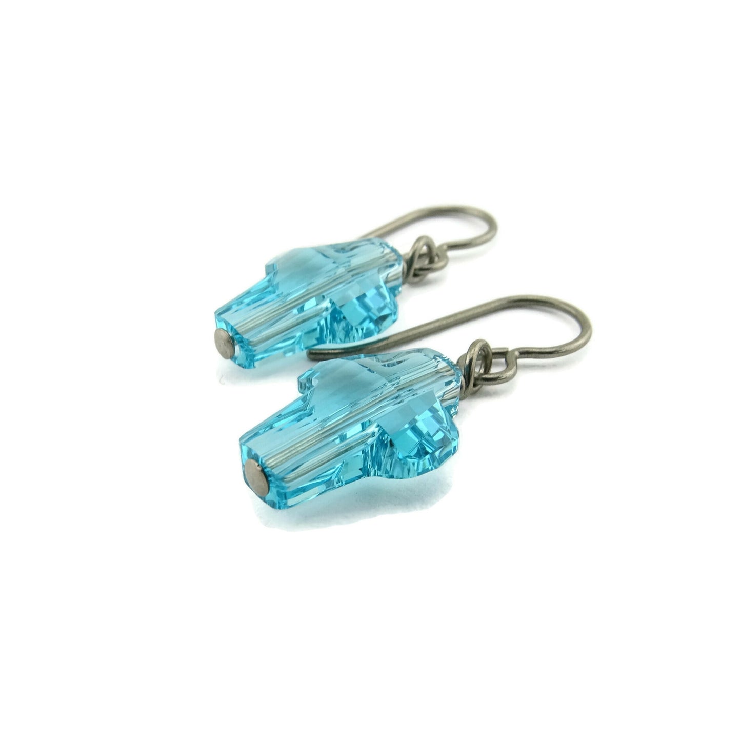 Aqua Blue Cross Titanium Earrings, Light Turquoise Swarovski Crystal Niobium Earrings Nickel Free Hypoallergenic Earrings for Sensitive Ears