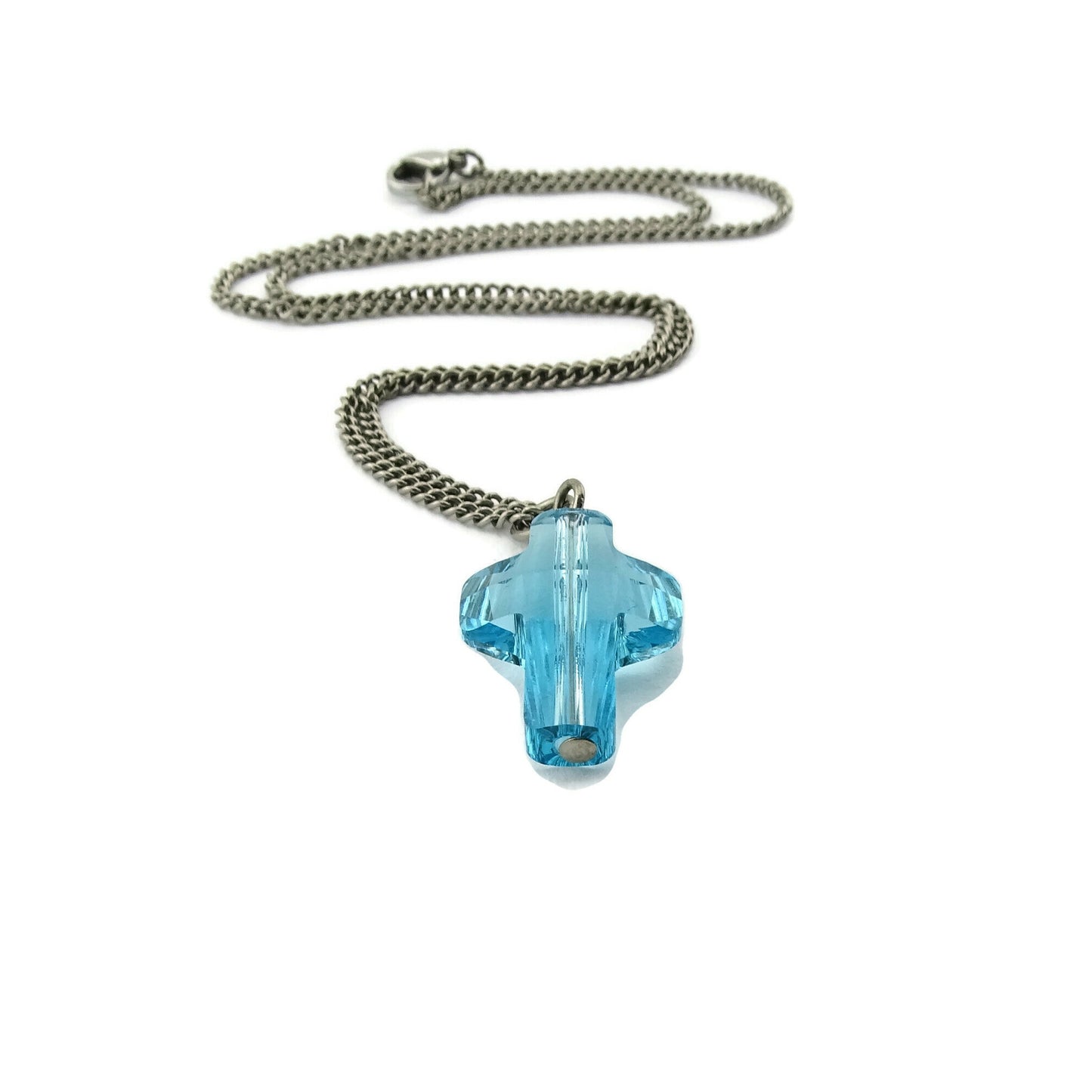 Aqua Blue Cross Titanium Necklace, Light Turquoise Swarovski Crystal Nickel Free Sensitive Skin Necklace, Hypoallergenic Titanium Jewelry