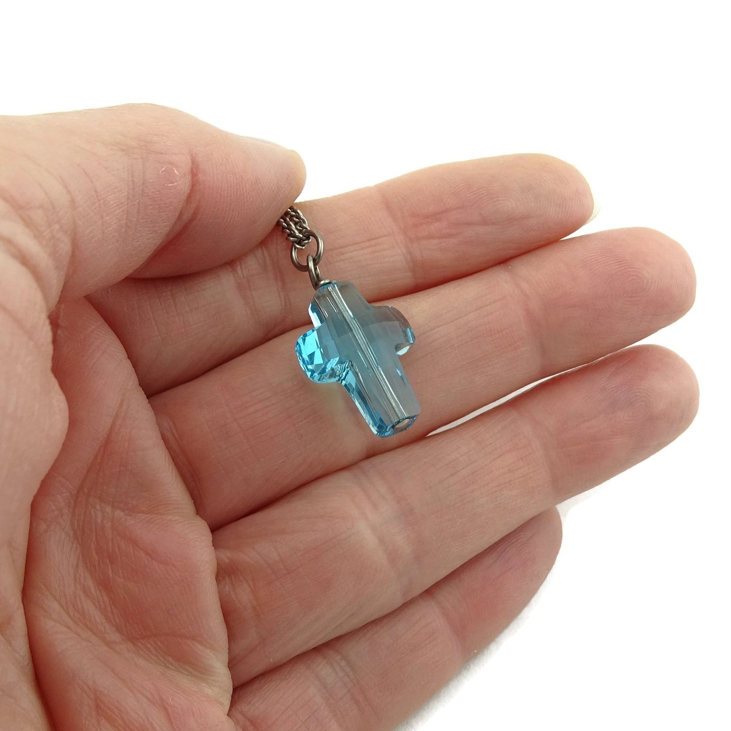 Aqua Blue Cross Titanium Necklace, Light Turquoise Swarovski Crystal Nickel Free Sensitive Skin Necklace, Hypoallergenic Titanium Jewelry