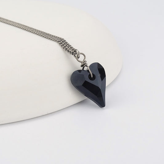 Jet Black Heart Titanium Necklace, Niobium Wrapped Swarovski Crystal, Hypoallergenic Nickel Free Pure Titanium Necklace For Sensitive Skin