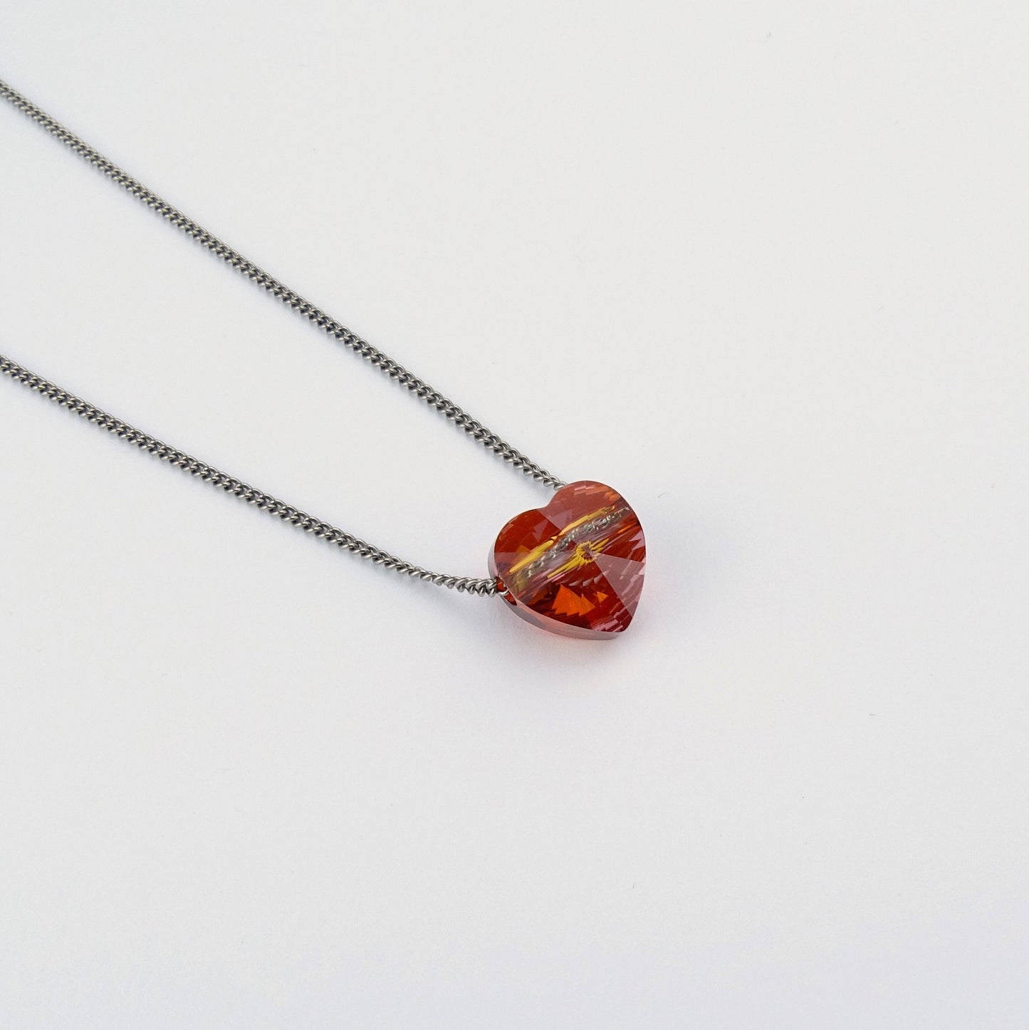 Red Magma Heart Titanium Necklace, Floating Heart Swarovski Crystal, Hypoallergenic Nickel Free Pure Titanium Necklace For Sensitive Skin