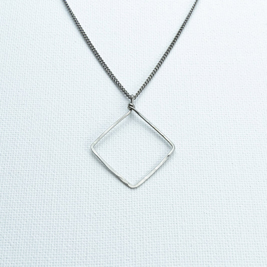 Diamond Square Hoop Titanium Necklace, Hammered Geometric Niobium Pendant, Hypoallergenic Nickel Free Necklace for Sensitive Skin