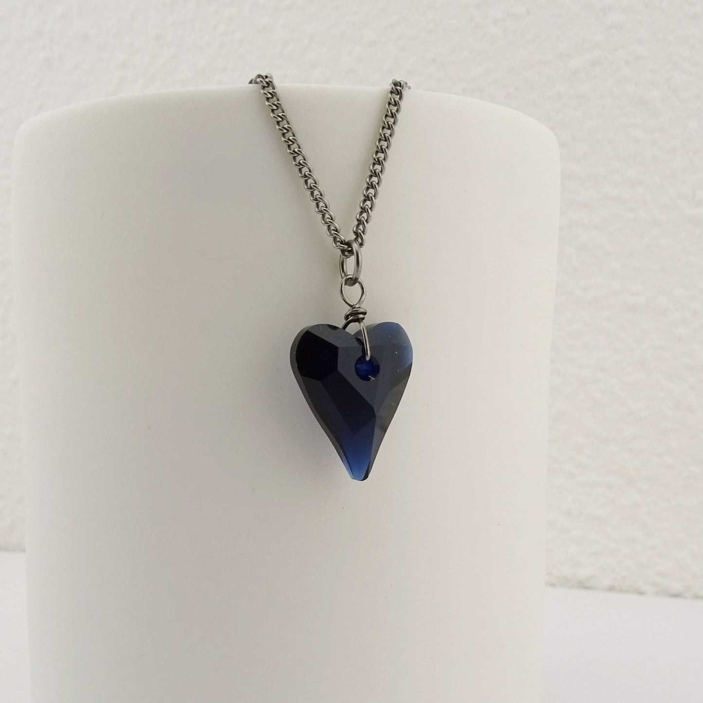 Deep Blue Heart Titanium Necklace, Niobium Wire Wrapped Dark Indigo Swarovski Crystal Hypoallergenic Nickel Free Necklace For Sensitive Skin