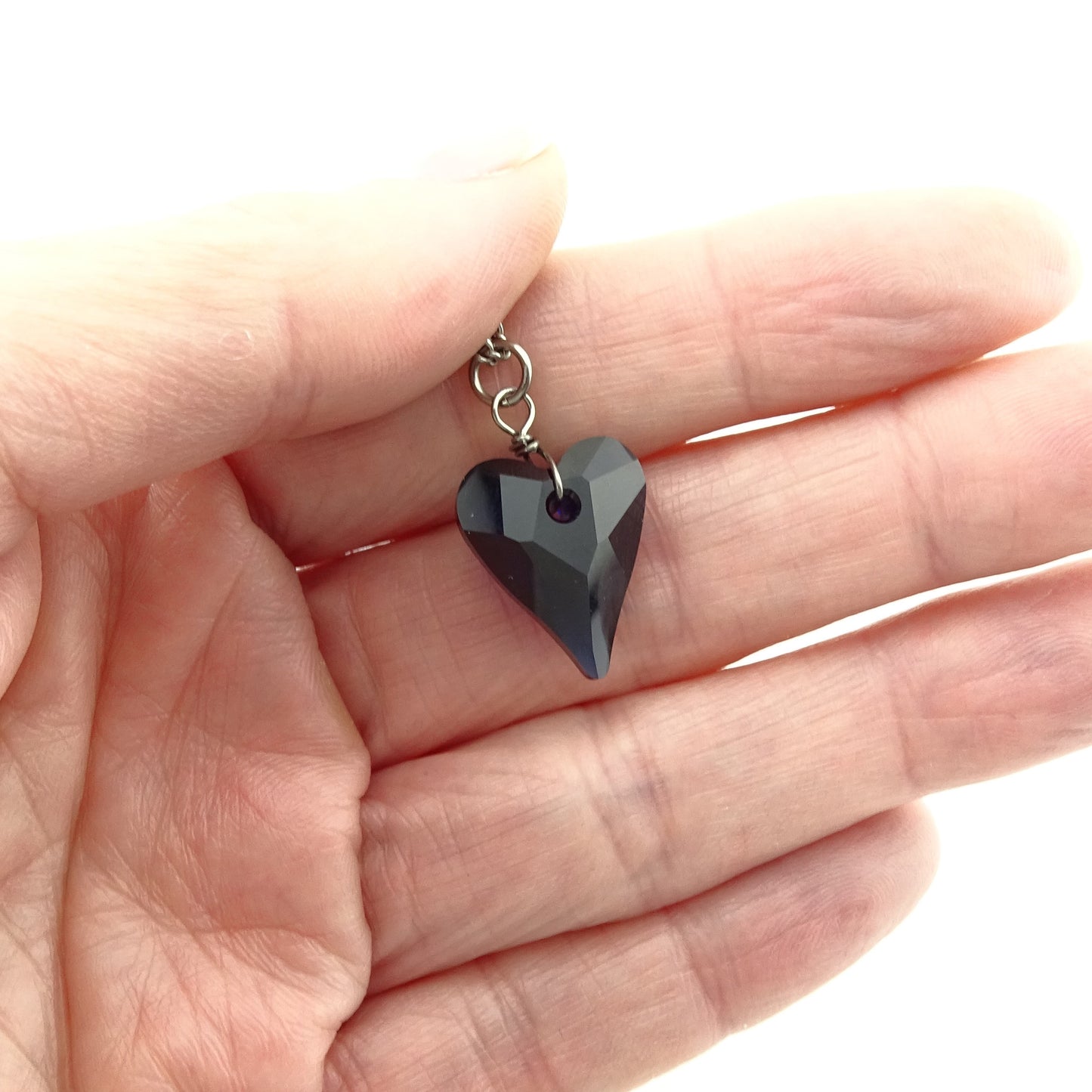 Deep Blue Heart Titanium Necklace, Niobium Wire Wrapped Dark Indigo Swarovski Crystal Hypoallergenic Nickel Free Necklace For Sensitive Skin
