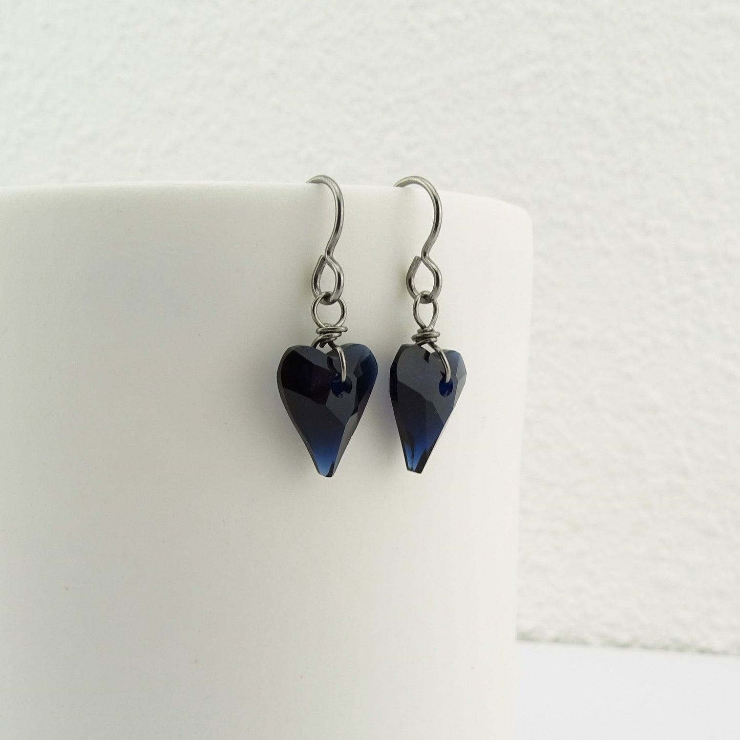 Deep Blue Love Heart Niobium Earrings, Dark Indigo Swarovski Crystal, Hypoallergenic Nickel Free Titanium Earrings for Sensitive Ears