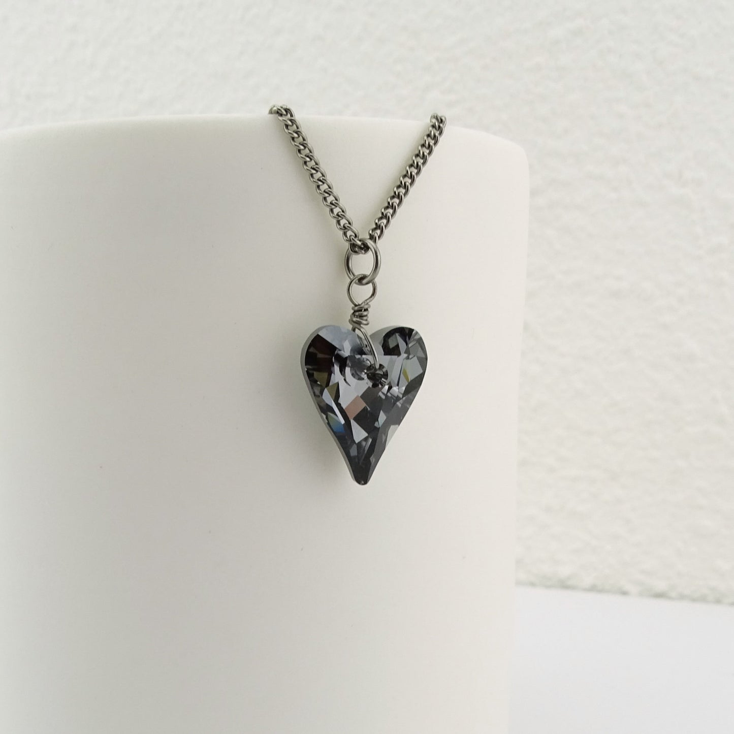 Silver Night Heart Titanium Necklace, Niobium Wire Wrapped Swarovski Crystal, Hypoallergenic Nickel Free Necklace For Sensitive Skin