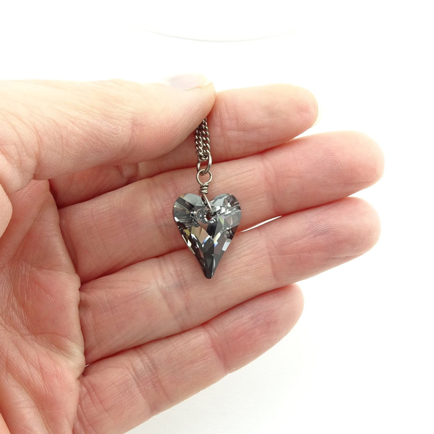 Silver Night Heart Titanium Necklace, Niobium Wire Wrapped Swarovski Crystal, Hypoallergenic Nickel Free Necklace For Sensitive Skin