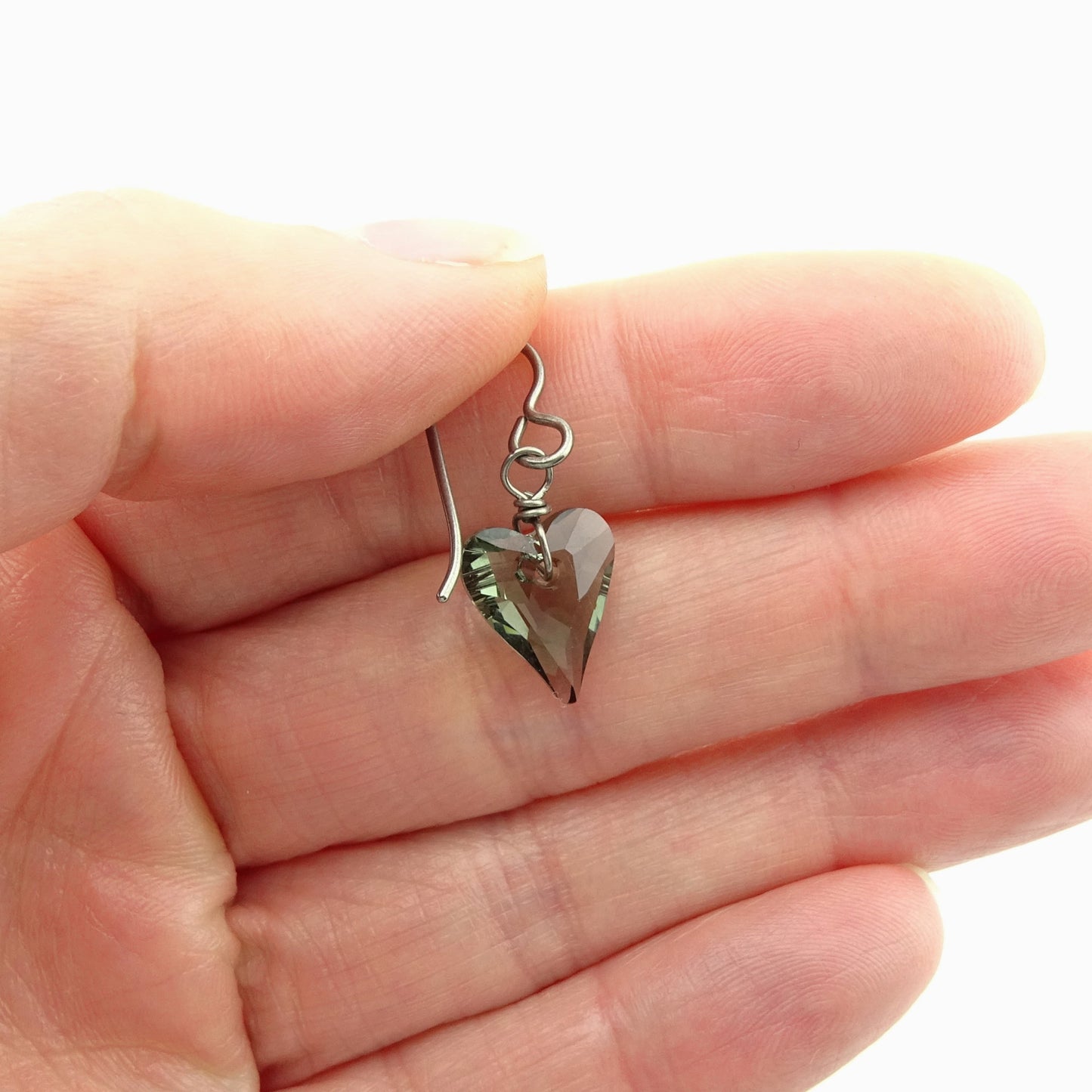 Black Diamond Heart Titanium Earrings, Love Heart Swarovski Crystal Nickel Free Earrings, Hypoallergenic Niobium Earrings for Sensitive Ears
