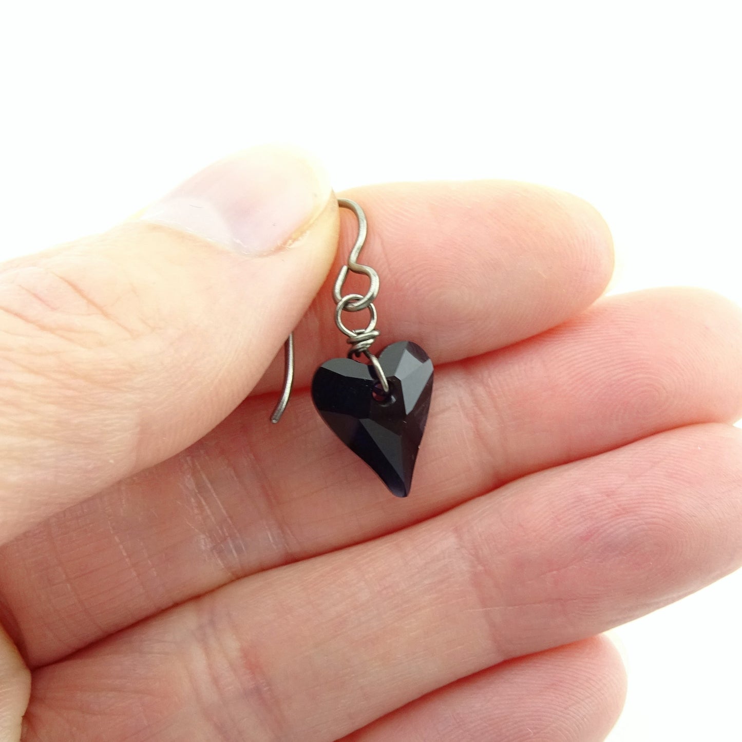 Deep Blue Love Heart Niobium Earrings, Dark Indigo Swarovski Crystal, Hypoallergenic Nickel Free Titanium Earrings for Sensitive Ears