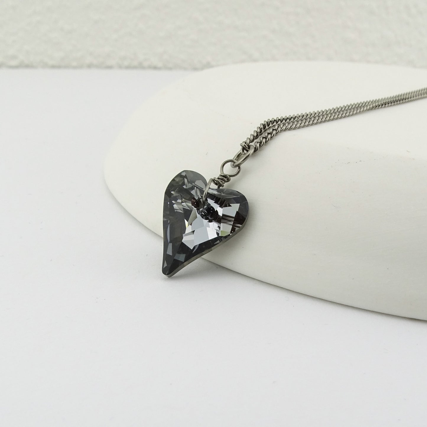 Silver Night Heart Titanium Necklace, Niobium Wire Wrapped Swarovski Crystal, Hypoallergenic Nickel Free Necklace For Sensitive Skin