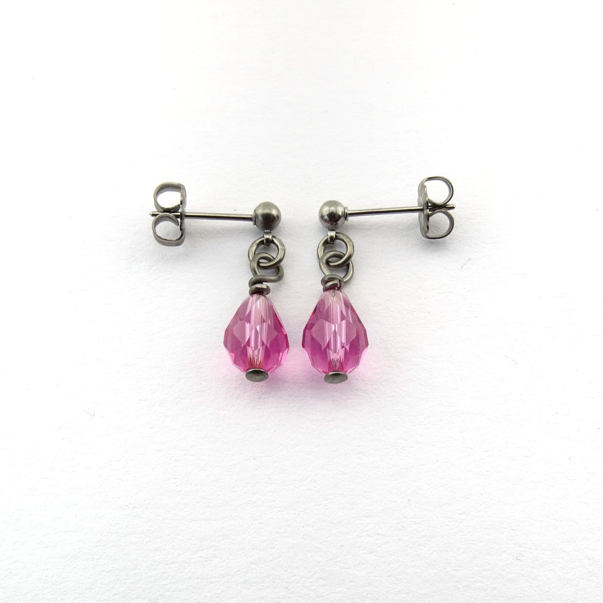 Rose Pink Teardrop Titanium Dangle Stud, Swarovski Crystal Drop Earrings, Hypoallergenic Nickel Free Titanium Earrings for Sensitive Ears