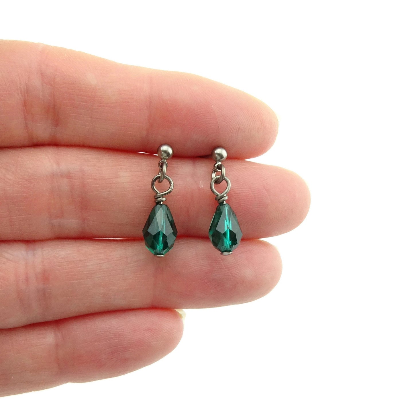 Emerald Green Drop Titanium Dangle Stud, Swarovski Crystal Teardrop Earrings, Hypoallergenic Nickel Free Titanium Sensitive Ears Earrings