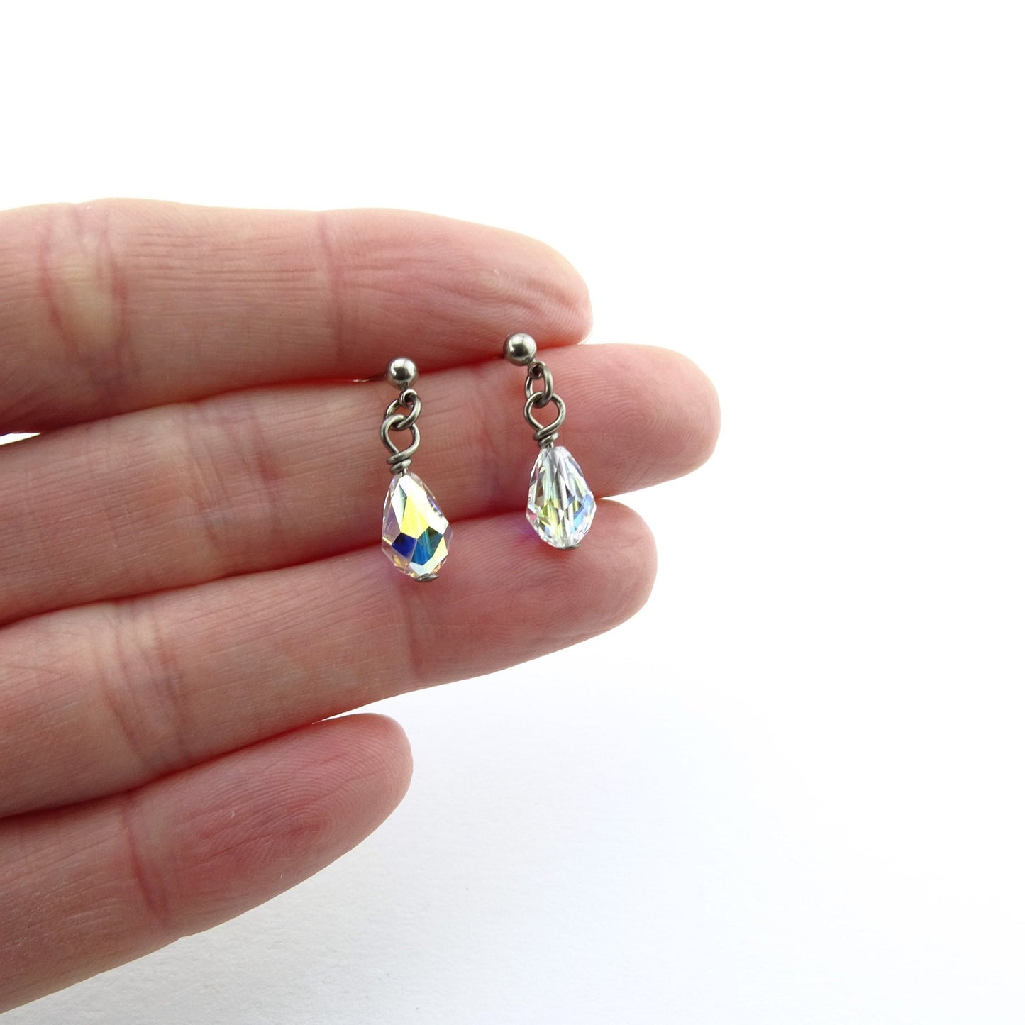 Aurora Borealis Drop Titanium Dangle Stud, Swarovski Crystal Teardrop Earrings, Hypoallergenic Nickel Free Titanium Sensitive Ears Earrings