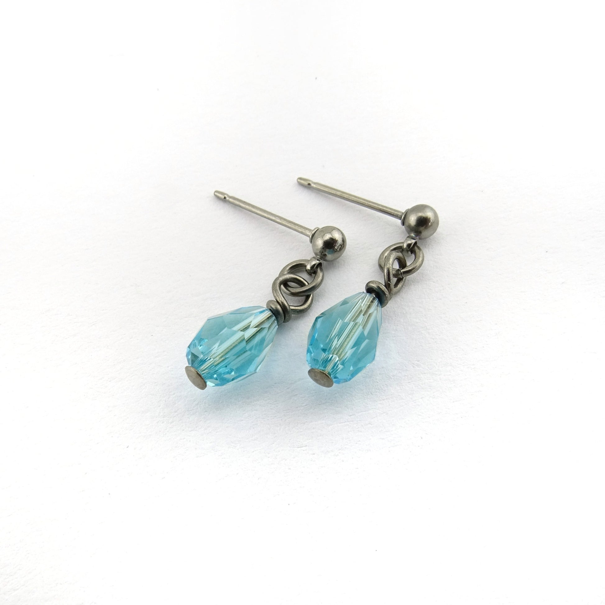 Light Turquoise Drop Titanium Ball Stud Earrings, Aqua Blue Teardrop Swarovski Crystal, Hypoallergenic Nickel Free Sensitive Ears Earrings