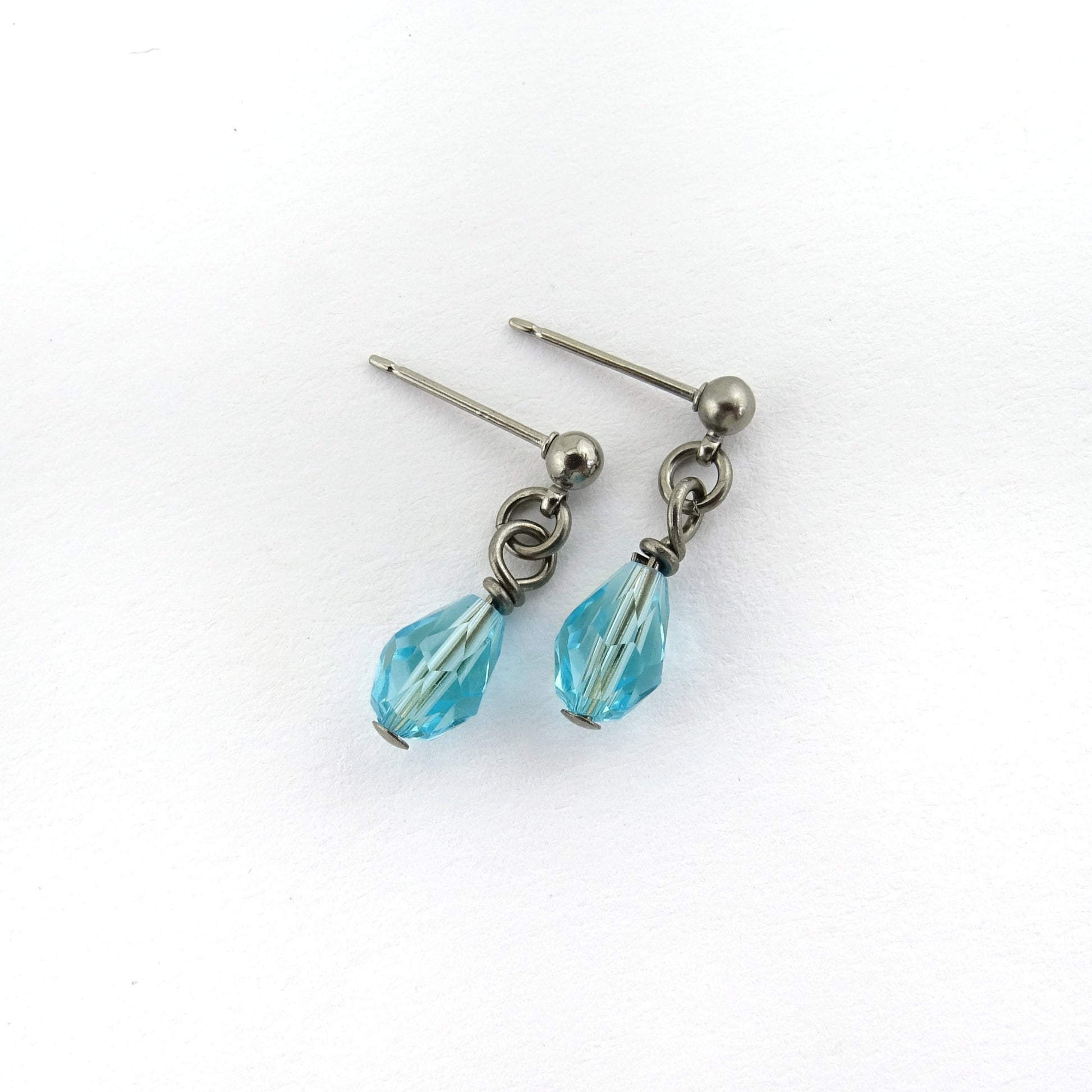 Light Turquoise Drop Titanium Ball Stud Earrings, Aqua Blue Teardrop Swarovski Crystal, Hypoallergenic Nickel Free Sensitive Ears Earrings