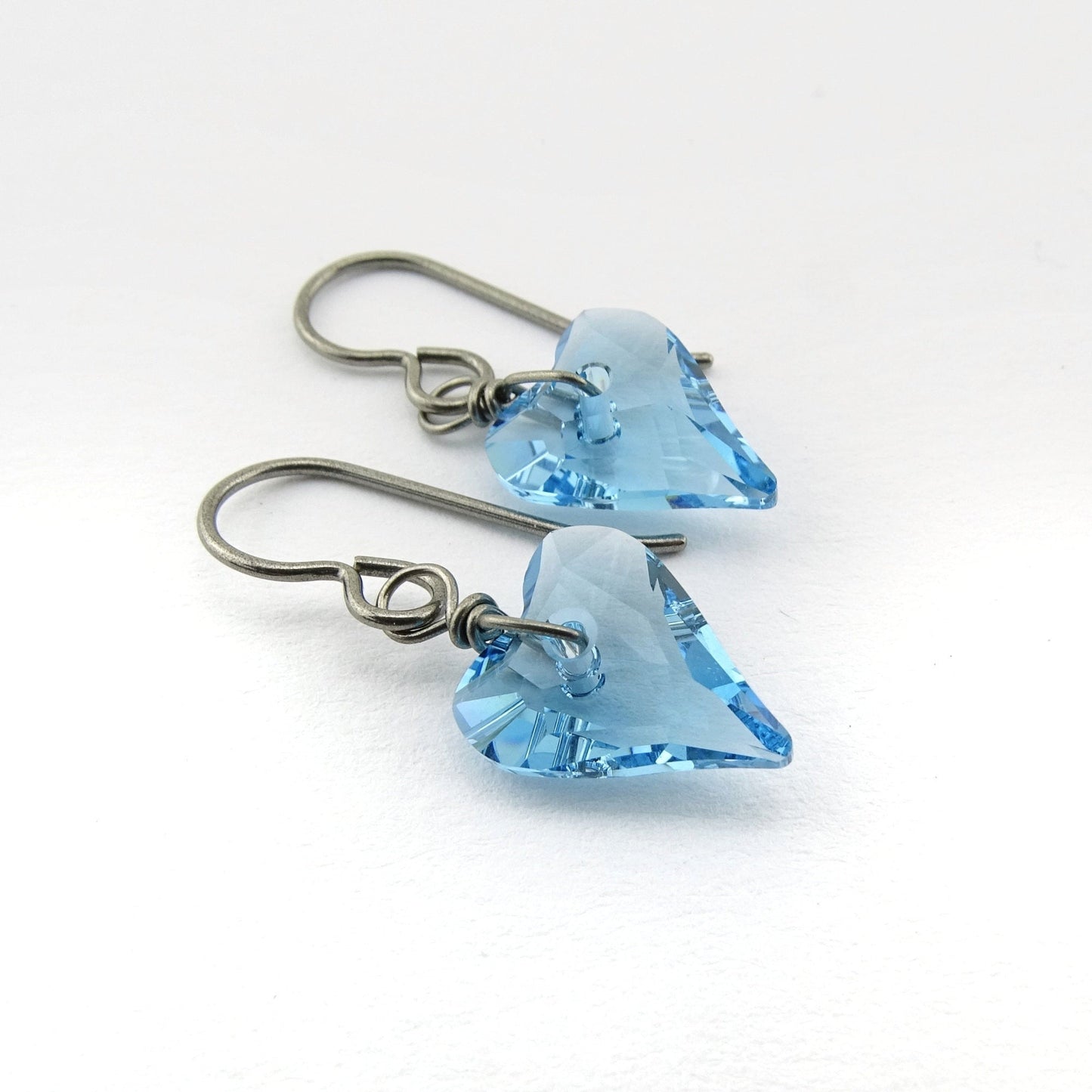 Aqua Blue Love Heart Niobium Earrings, Swarovski Crystal Titanium Earrings for Sensitive Ears Aquamarine Hypoallergenic Nickel Free Earrings