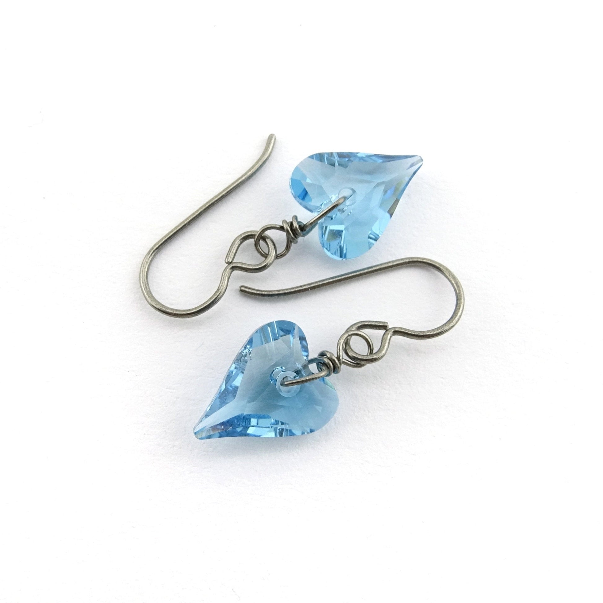 Aqua Blue Love Heart Niobium Earrings, Swarovski Crystal Titanium Earrings for Sensitive Ears Aquamarine Hypoallergenic Nickel Free Earrings