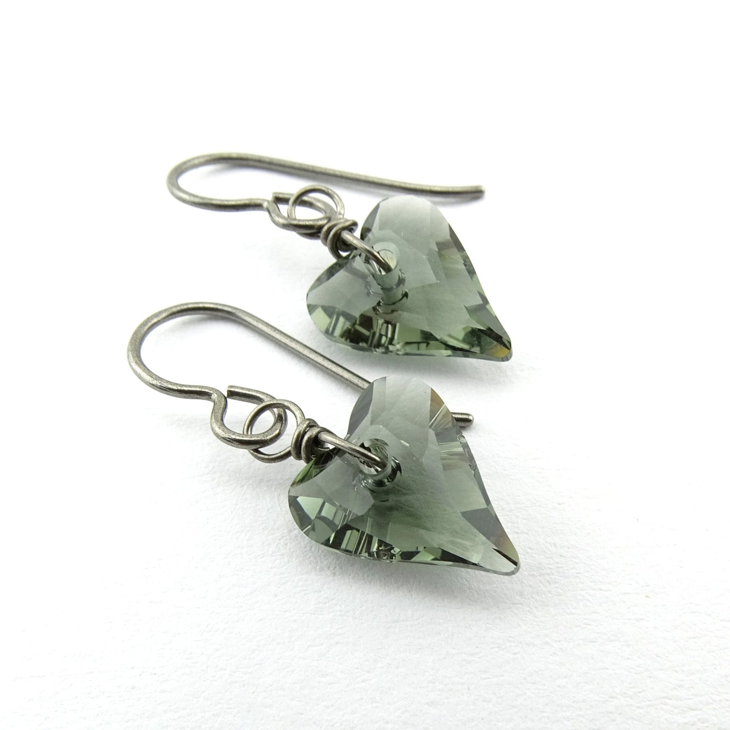 Black Diamond Heart Titanium Earrings, Love Heart Swarovski Crystal Nickel Free Earrings, Hypoallergenic Niobium Earrings for Sensitive Ears