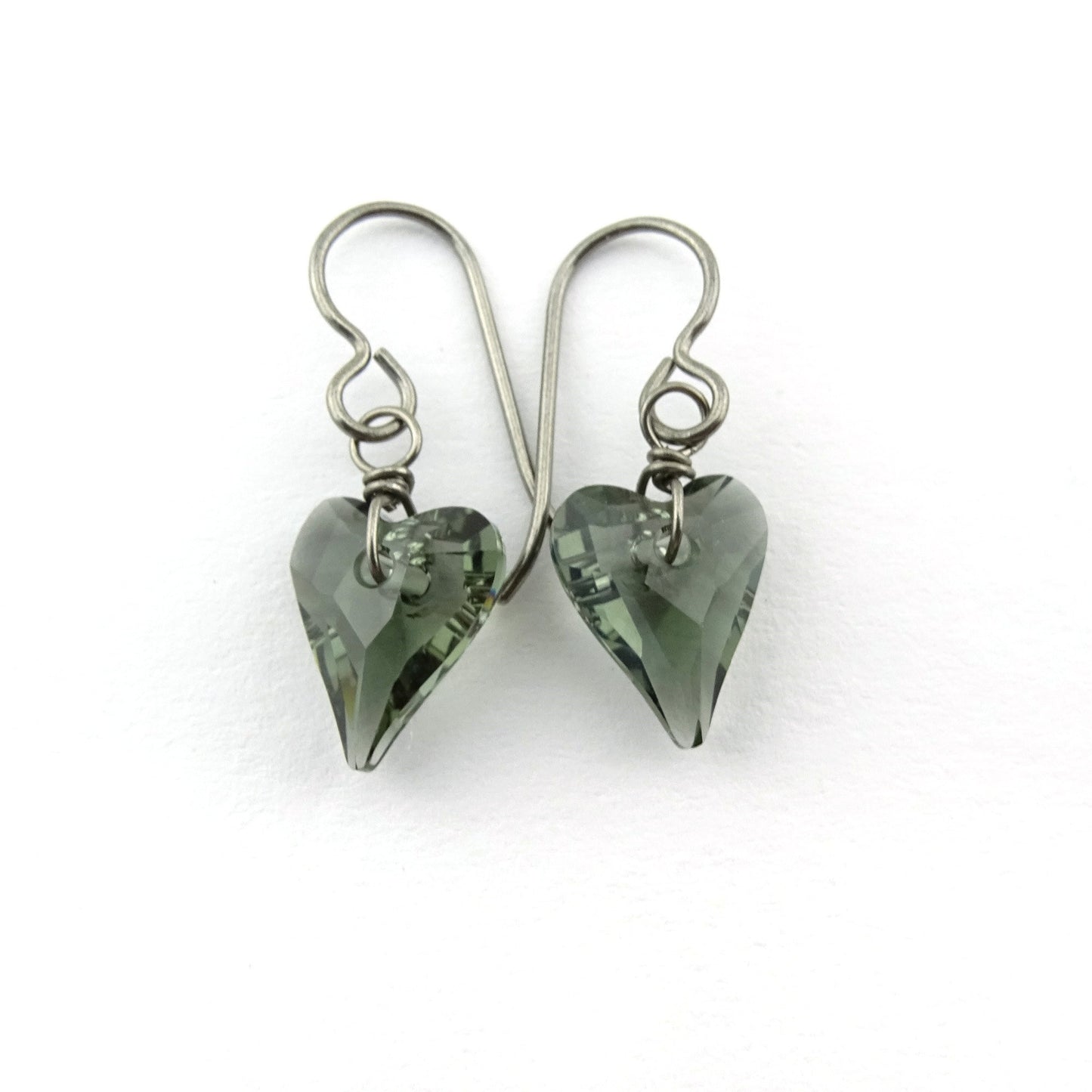 Black Diamond Heart Titanium Earrings, Love Heart Swarovski Crystal Nickel Free Earrings, Hypoallergenic Niobium Earrings for Sensitive Ears