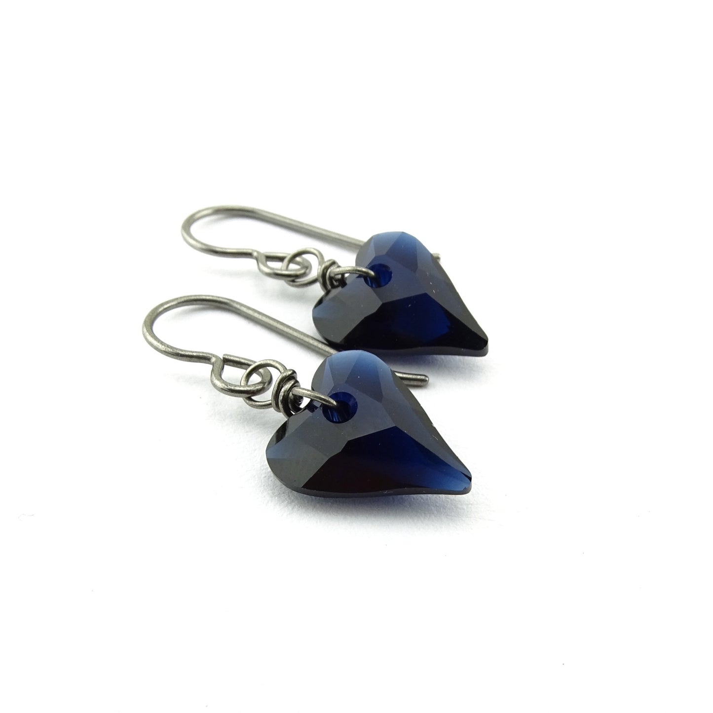 Deep Blue Love Heart Niobium Earrings, Dark Indigo Swarovski Crystal, Hypoallergenic Nickel Free Titanium Earrings for Sensitive Ears