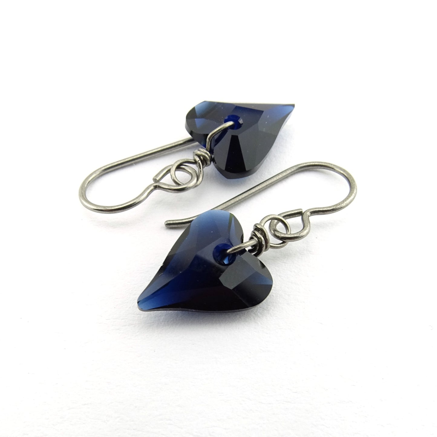 Deep Blue Love Heart Niobium Earrings, Dark Indigo Swarovski Crystal, Hypoallergenic Nickel Free Titanium Earrings for Sensitive Ears