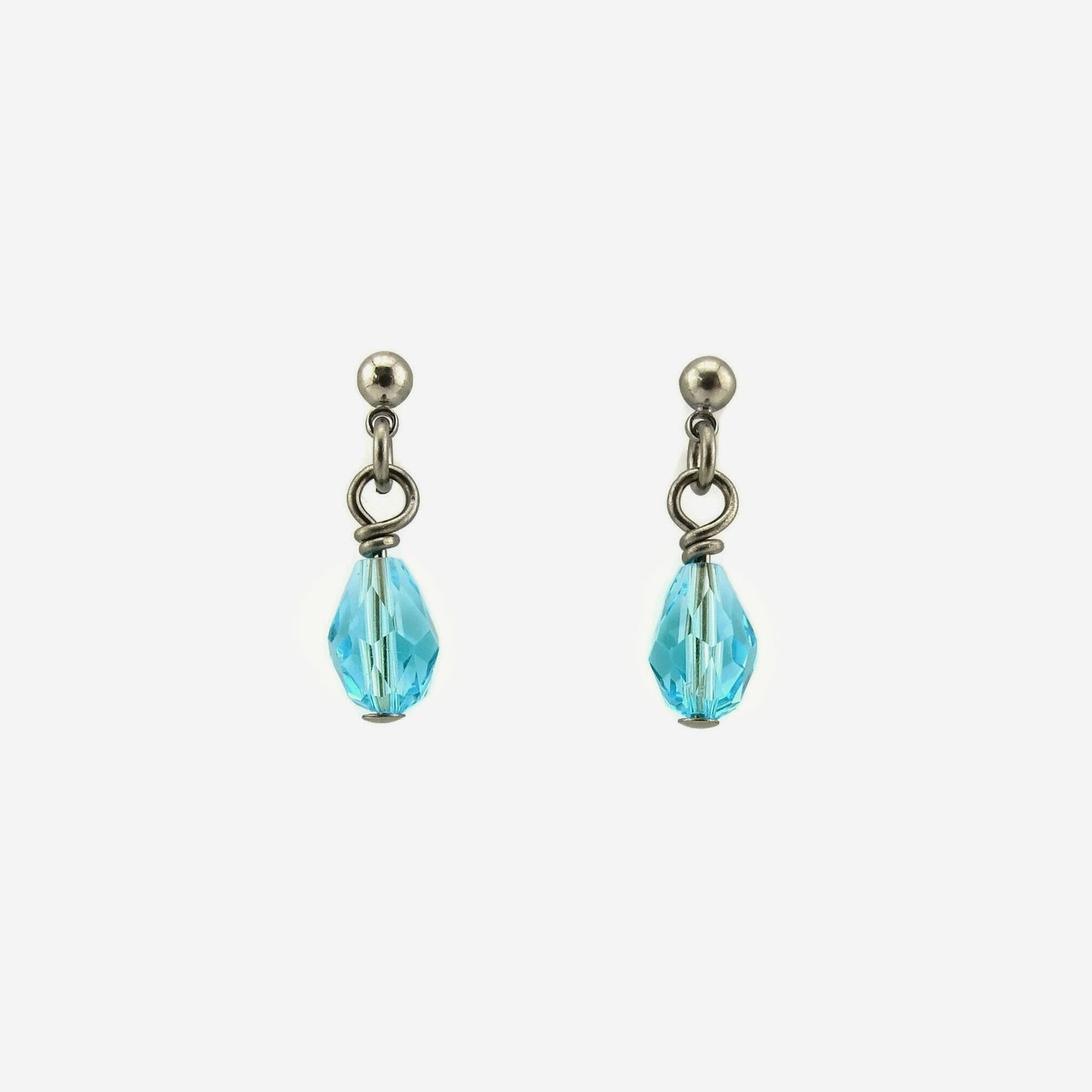Light Turquoise Drop Titanium Ball Stud Earrings, Aqua Blue Teardrop Swarovski Crystal, Hypoallergenic Nickel Free Sensitive Ears Earrings