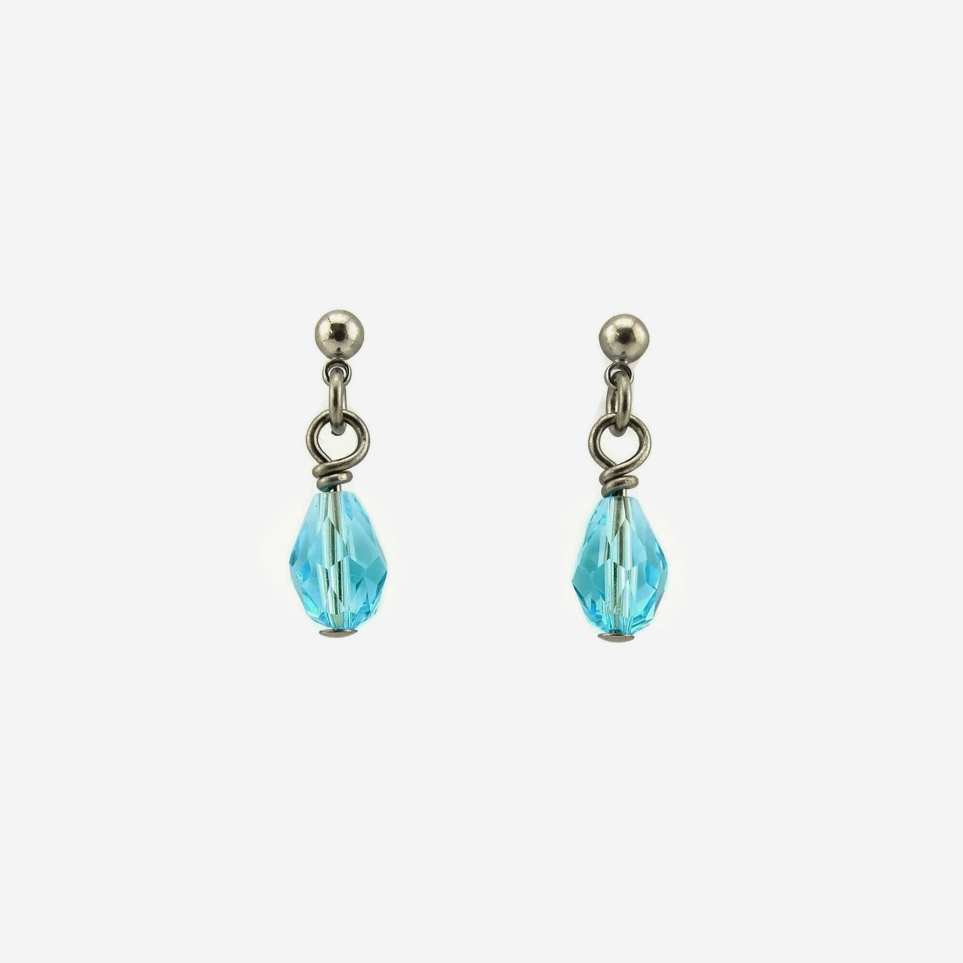 Light Turquoise Drop Titanium Ball Stud Earrings, Aqua Blue Teardrop Swarovski Crystal, Hypoallergenic Nickel Free Sensitive Ears Earrings