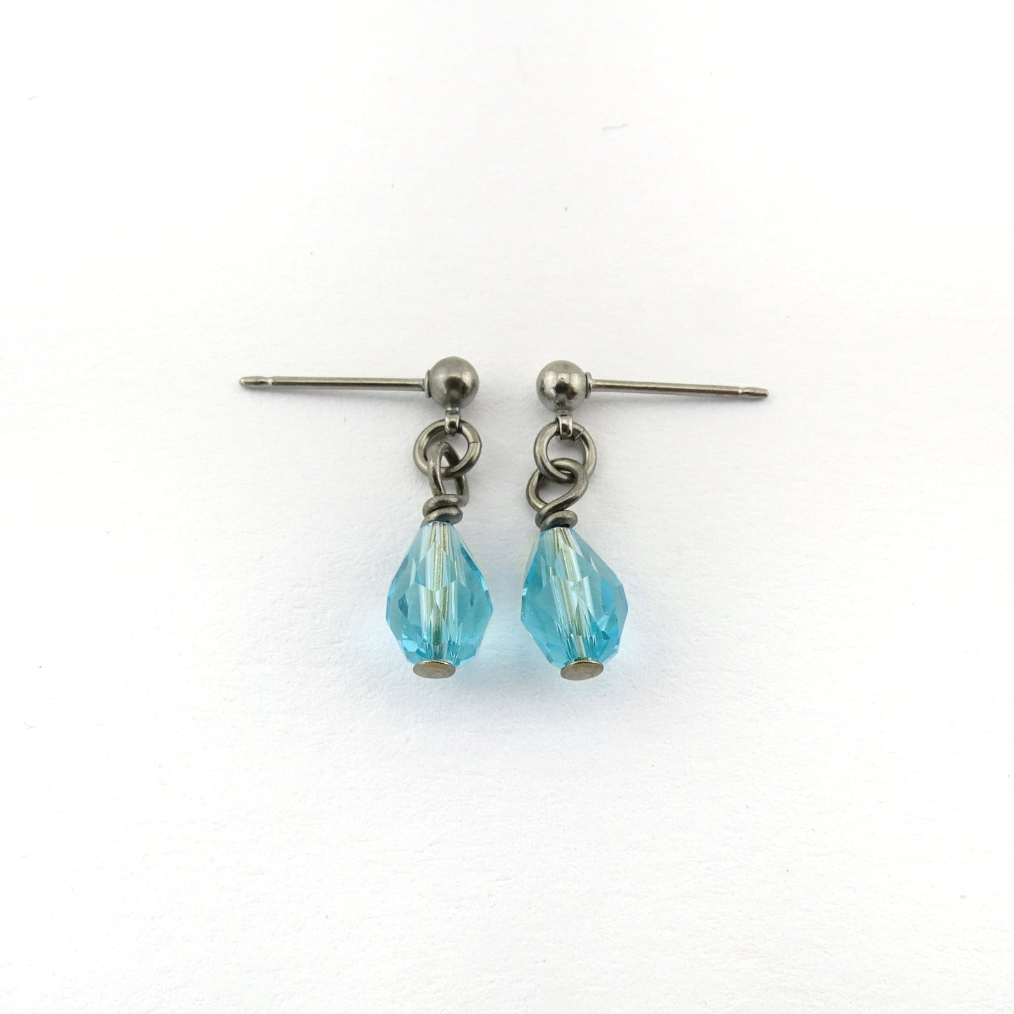 Light Turquoise Drop Titanium Ball Stud Earrings, Aqua Blue Teardrop Swarovski Crystal, Hypoallergenic Nickel Free Sensitive Ears Earrings