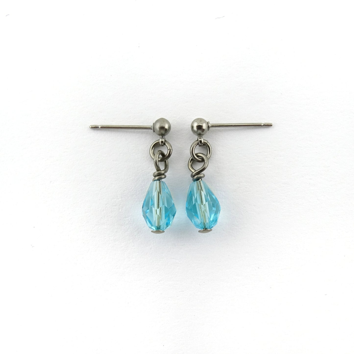 Light Turquoise Drop Titanium Ball Stud Earrings, Aqua Blue Teardrop Swarovski Crystal, Hypoallergenic Nickel Free Sensitive Ears Earrings