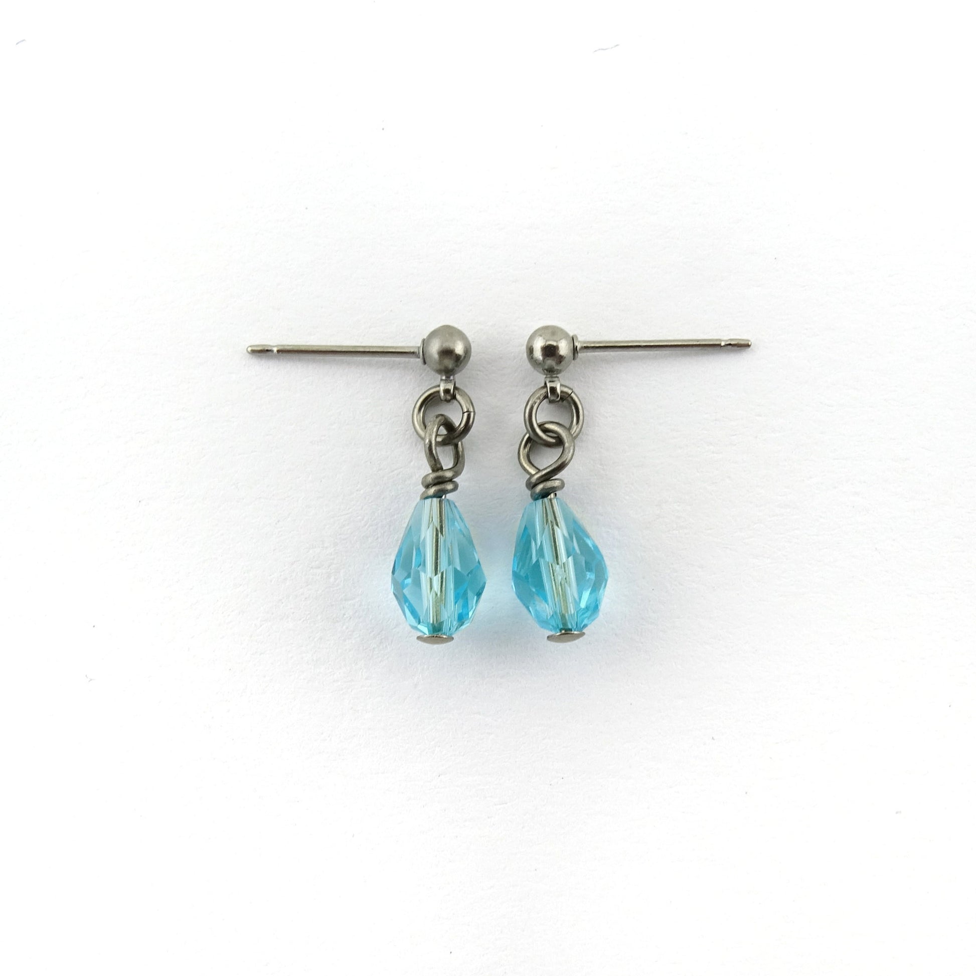 Light Turquoise Drop Titanium Ball Stud Earrings, Aqua Blue Teardrop Swarovski Crystal, Hypoallergenic Nickel Free Sensitive Ears Earrings