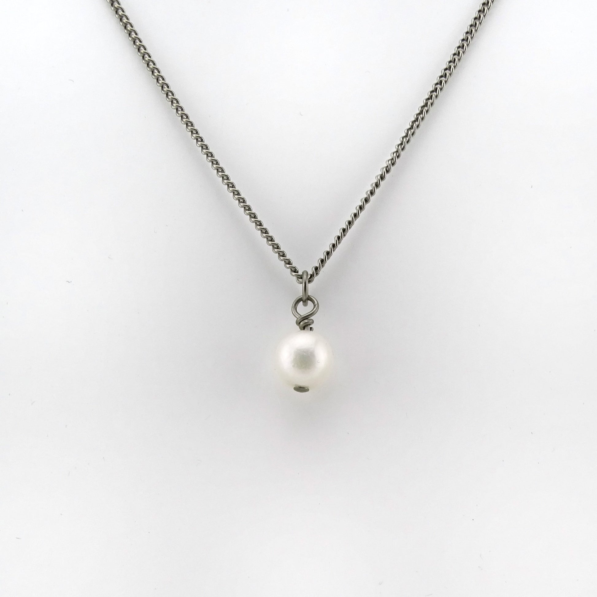 White Pearl Pendant Titanium Necklace, Real Pearl Necklace for Sensitive Skin, Freshwater Pearl Titanium Jewelry, Hypoallergenic Nickel Free