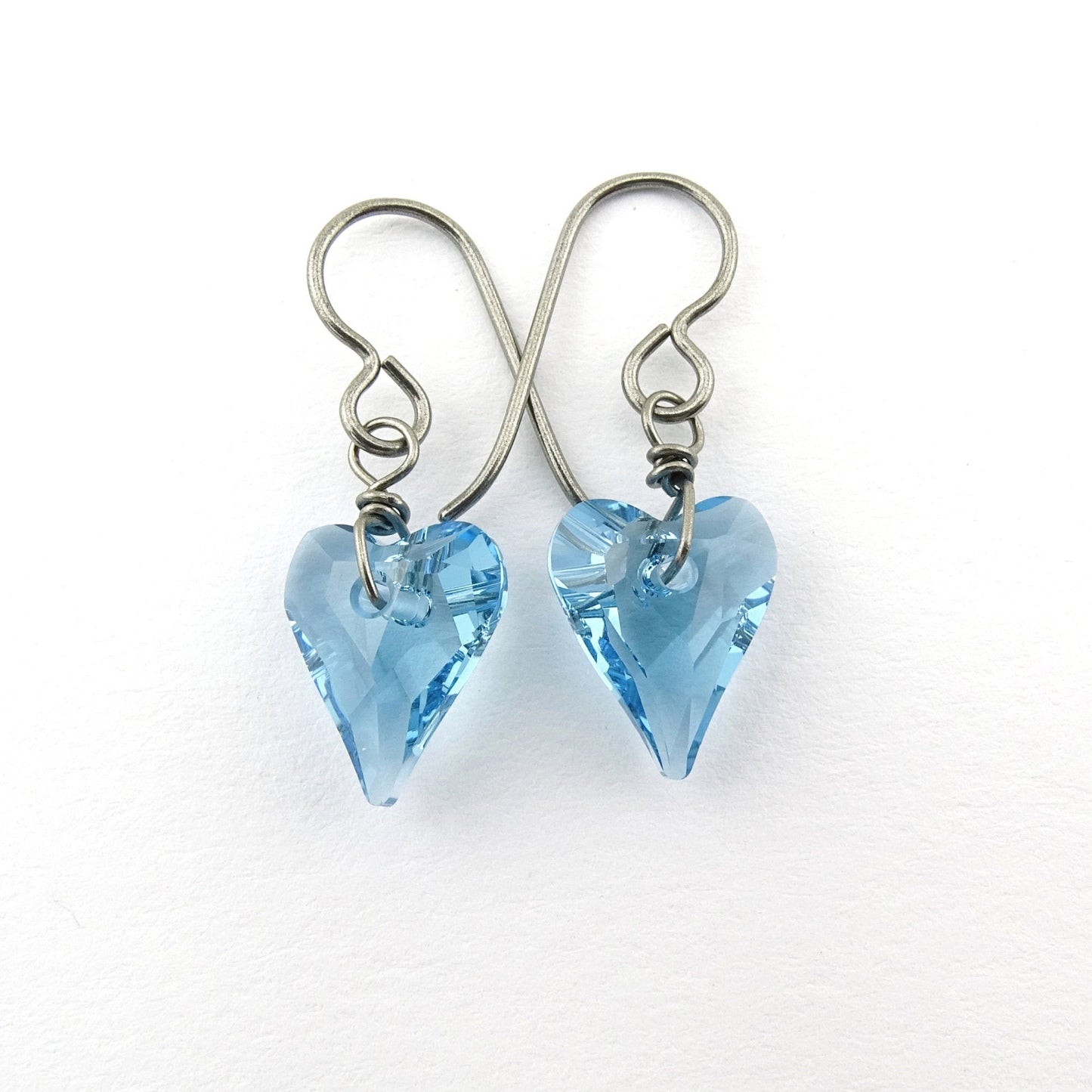 Aqua Blue Love Heart Niobium Earrings, Swarovski Crystal Titanium Earrings for Sensitive Ears Aquamarine Hypoallergenic Nickel Free Earrings