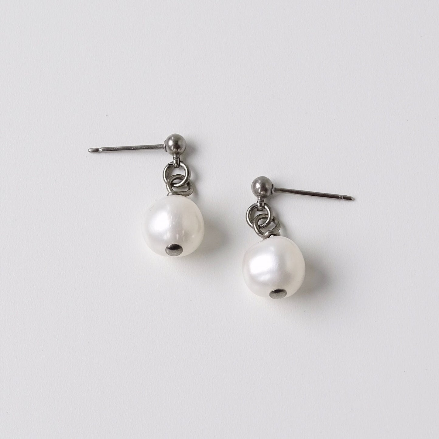 White Pearl Dangle Ball Stud Earrings, Titanium Posts Earrings for Sensitive Ears Freshwater Pearls Hypoallergenic Nickel Free Earrings
