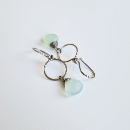 Green Chalcedony Dangle Hoop Titanium Earrings