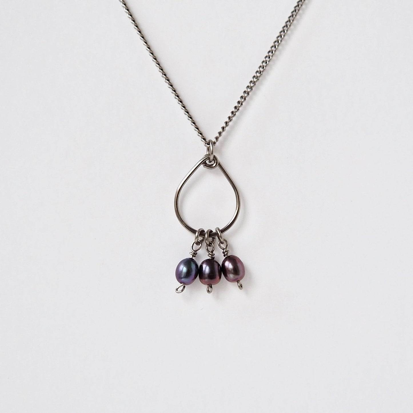 Titanium Teardrop Necklace with Black Pearls