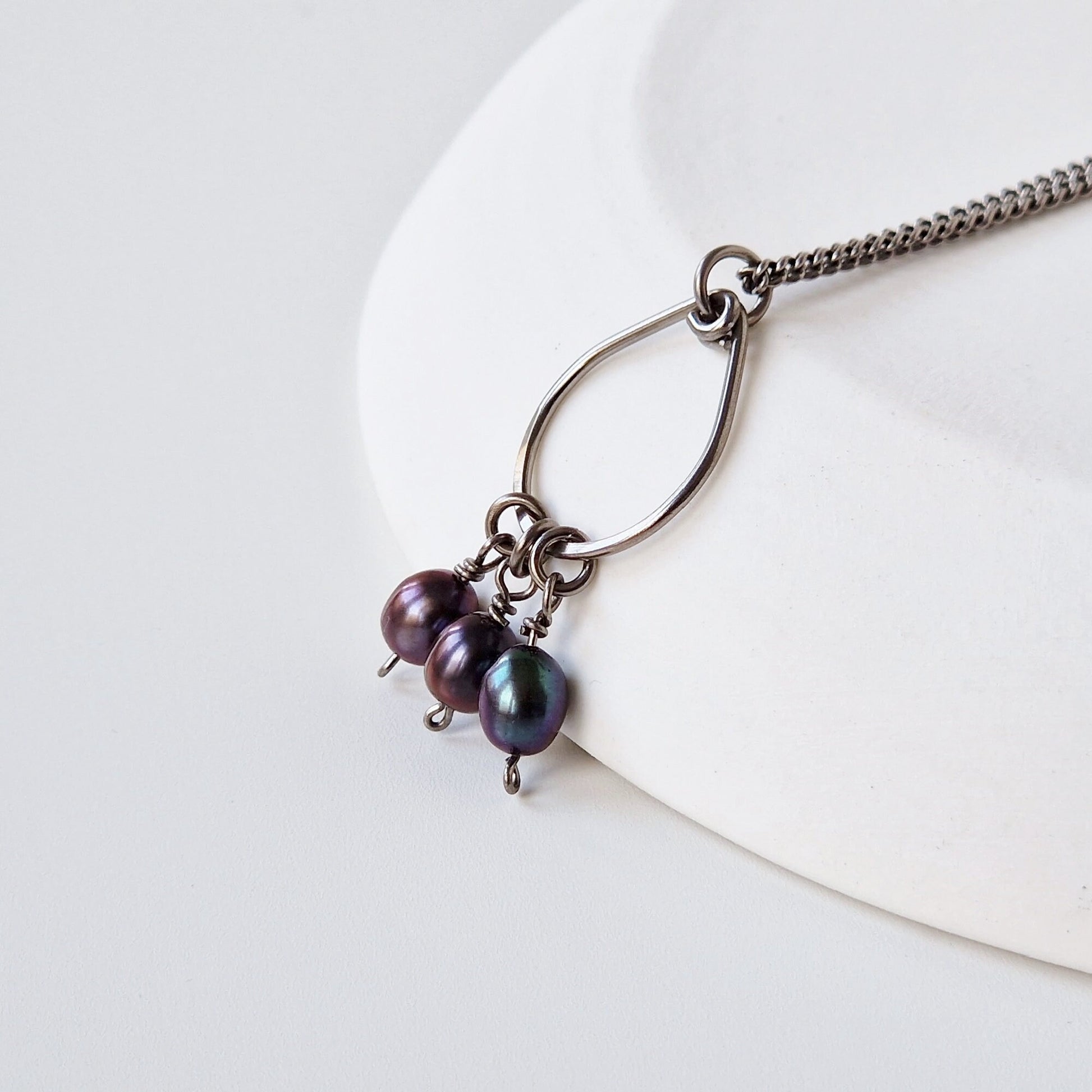 Titanium Teardrop Necklace with Black Pearls