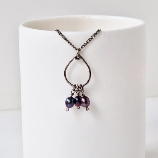 Titanium Teardrop Necklace with Black Pearls