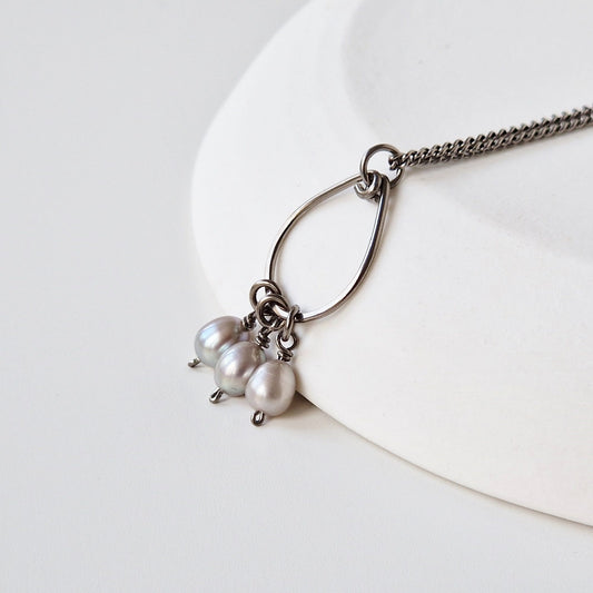 Titanium Teardrop Necklace with Gray Pearls