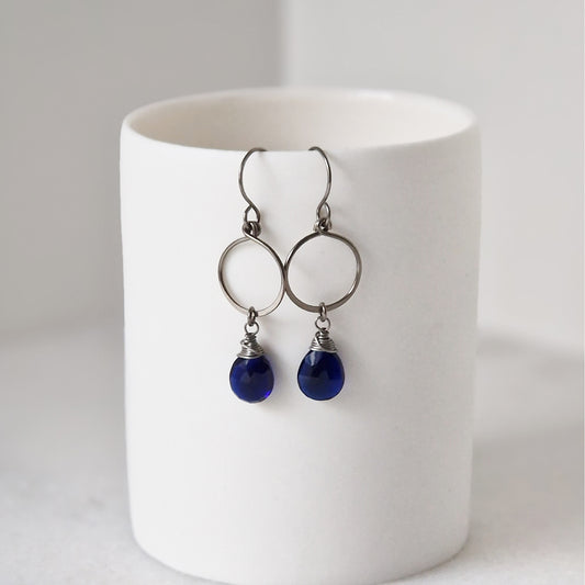Titanium Earrings Circle with Sapphire Blue Quartz