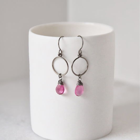 Titanium Earrings Circle with Tourmaline Pink Quartz